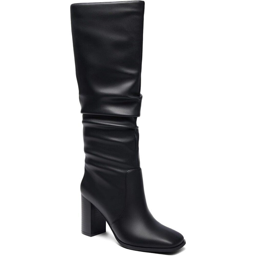 Women's Black-pu Chunky High Heel Square Zipper Wide Calf Knee High Boots